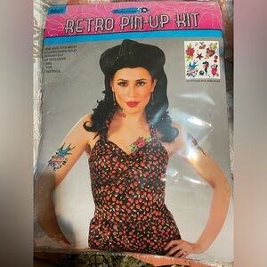Sexy Rockabilly Retro PinUp Costume Flirty Halter Black Wig Tattoos Halloween